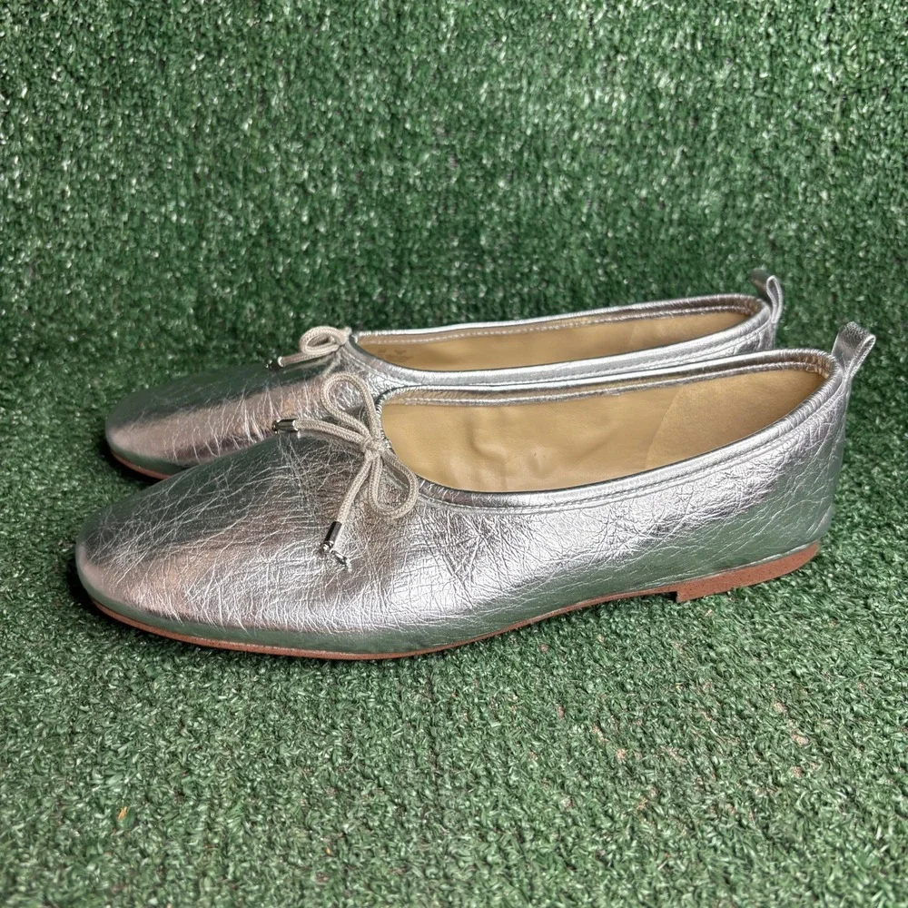 Sam Edelman Ari Bow Metallic Leather Ballet Chic Flat Shoes Silver Womens Sz 9 M